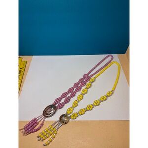 Lot of 2 Beaded Bolo Ties Pink Iridescent‎ Yellow Daisy Chain Western Boho Style